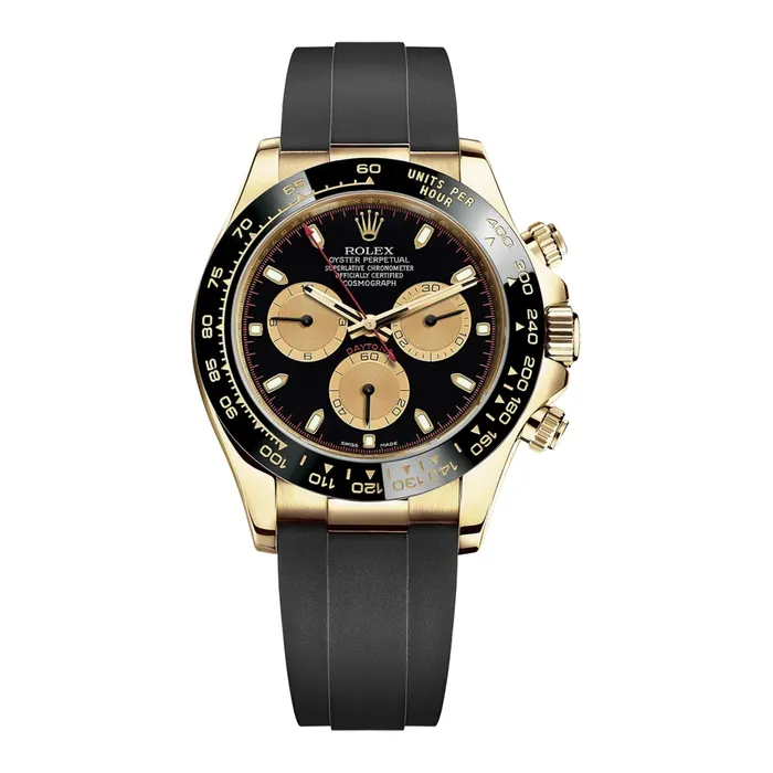 Rolex Cosmograph Daytona 40mm Ref 116518ln0047 Black Champagne Index Dial Ceramic Bezel 18K Yellow Gold Case Black Oysterflex Bracelet Mens Watch Rolex Bracelets