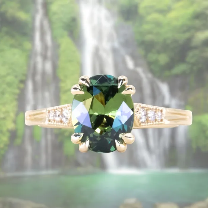 230ct Oval Green Madagascar Sapphire and Diamond Vintage Cathedral Four Prong Ring in 14k Yellow Gold Anueva Jewelry Rings 230ct Oval Green Madagascar Sapphire and Diamond Vintage Cathedral Four Prong Ring in 14k Yellow Gold Anueva Jewelry Rings