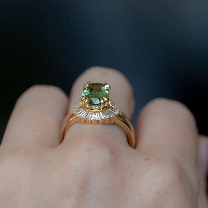 230ct Oval Green Madagascar Sapphire and Diamond Vintage Cathedral Four Prong Ring in 14k Yellow Gold Anueva Jewelry Rings