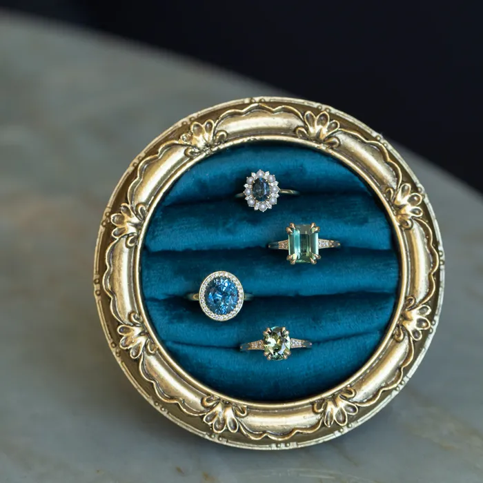 230ct Oval Green Madagascar Sapphire and Diamond Vintage Cathedral Four Prong Ring in 14k Yellow Gold Anueva Jewelry Rings