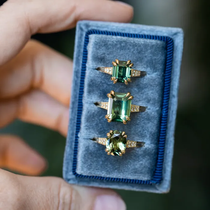 230ct Oval Green Madagascar Sapphire and Diamond Vintage Cathedral Four Prong Ring in 14k Yellow Gold Anueva Jewelry Rings