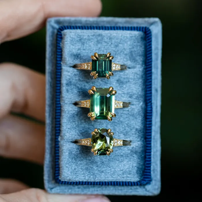 230ct Oval Green Madagascar Sapphire and Diamond Vintage Cathedral Four Prong Ring in 14k Yellow Gold Anueva Jewelry Rings