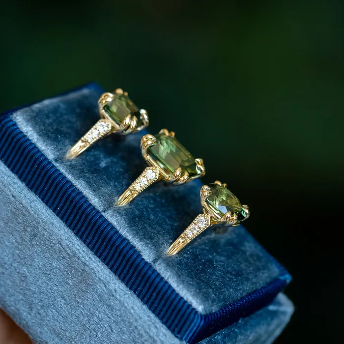 230ct Oval Green Madagascar Sapphire and Diamond Vintage Cathedral Four Prong Ring in 14k Yellow Gold Anueva Jewelry Rings