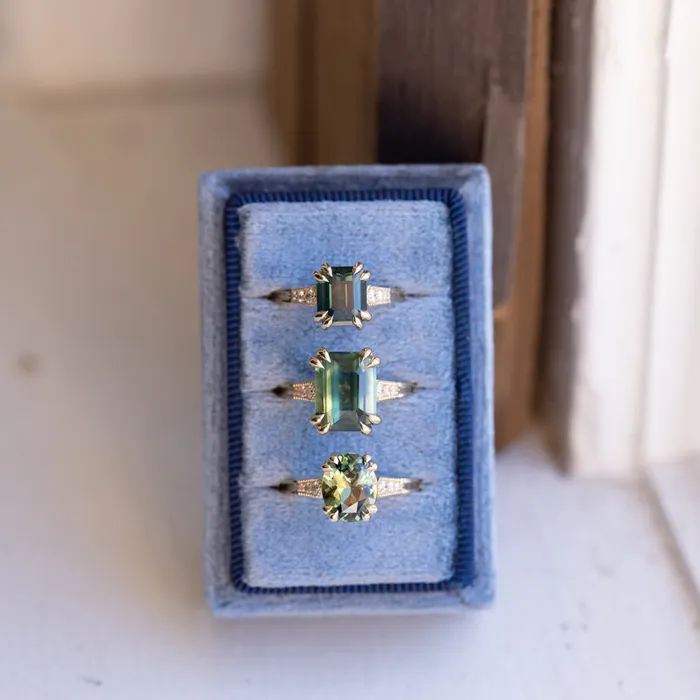 230ct Oval Green Madagascar Sapphire and Diamond Vintage Cathedral Four Prong Ring in 14k Yellow Gold Anueva Jewelry Rings
