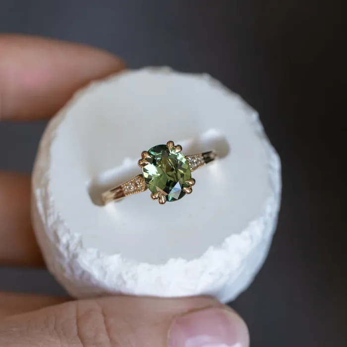 230ct Oval Green Madagascar Sapphire and Diamond Vintage Cathedral Four Prong Ring in 14k Yellow Gold Anueva Jewelry Rings