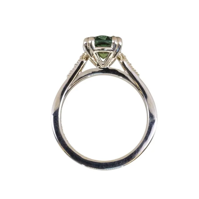 230ct Oval Green Madagascar Sapphire and Diamond Vintage Cathedral Four Prong Ring in 14k Yellow Gold Anueva Jewelry Rings