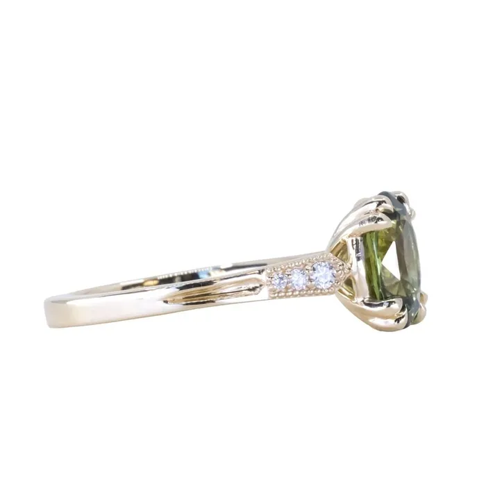 230ct Oval Green Madagascar Sapphire and Diamond Vintage Cathedral Four Prong Ring in 14k Yellow Gold Anueva Jewelry Rings