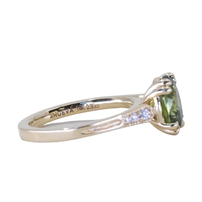 230ct Oval Green Madagascar Sapphire and Diamond Vintage Cathedral Four Prong Ring in 14k Yellow Gold Anueva Jewelry Rings