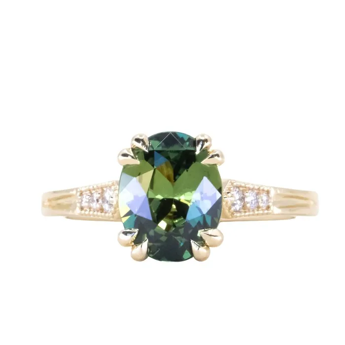 230ct Oval Green Madagascar Sapphire and Diamond Vintage Cathedral Four Prong Ring in 14k Yellow Gold Anueva Jewelry Rings