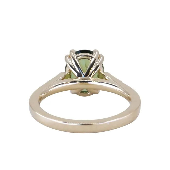 230ct Oval Green Madagascar Sapphire and Diamond Vintage Cathedral Four Prong Ring in 14k Yellow Gold Anueva Jewelry Rings