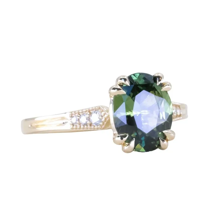 230ct Oval Green Madagascar Sapphire and Diamond Vintage Cathedral Four Prong Ring in 14k Yellow Gold Anueva Jewelry Rings