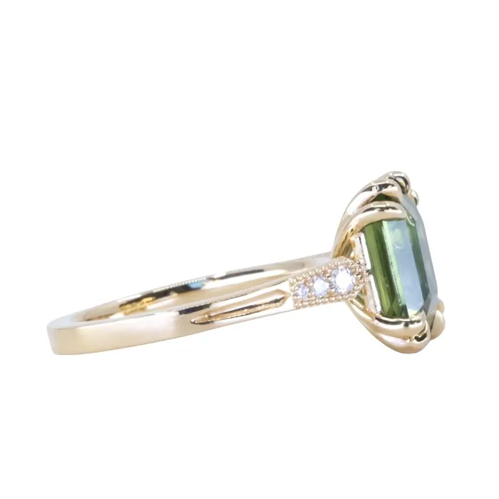 230ct Oval Green Madagascar Sapphire and Diamond Vintage Cathedral Four Prong Ring in 14k Yellow Gold Anueva Jewelry Rings