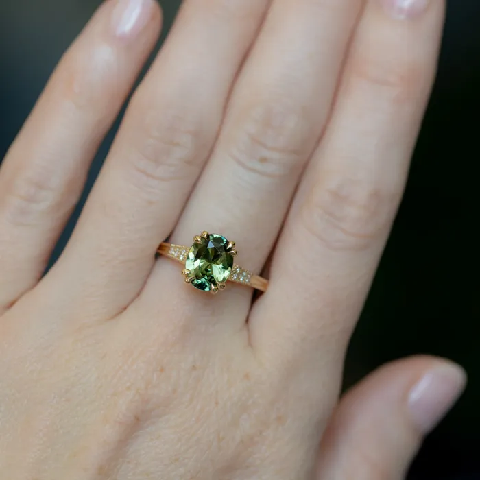 230ct Oval Green Madagascar Sapphire and Diamond Vintage Cathedral Four Prong Ring in 14k Yellow Gold Anueva Jewelry Rings