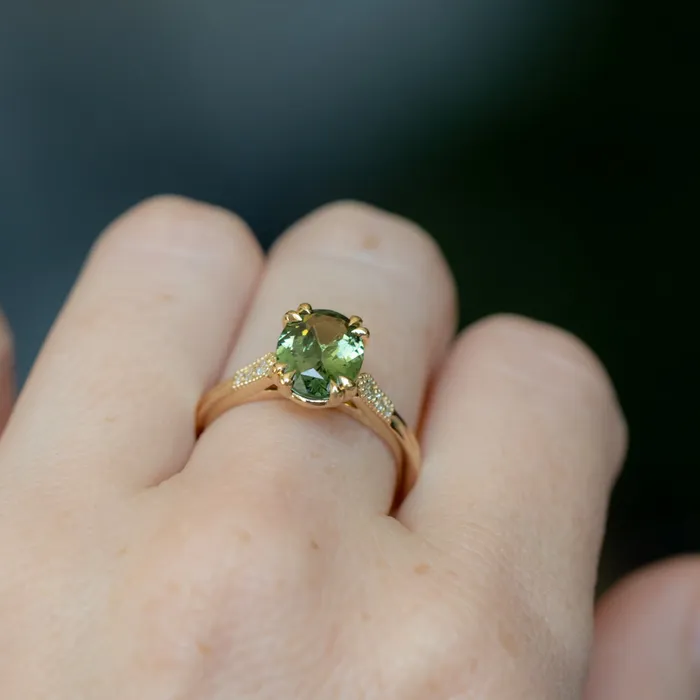 230ct Oval Green Madagascar Sapphire and Diamond Vintage Cathedral Four Prong Ring in 14k Yellow Gold Anueva Jewelry Rings