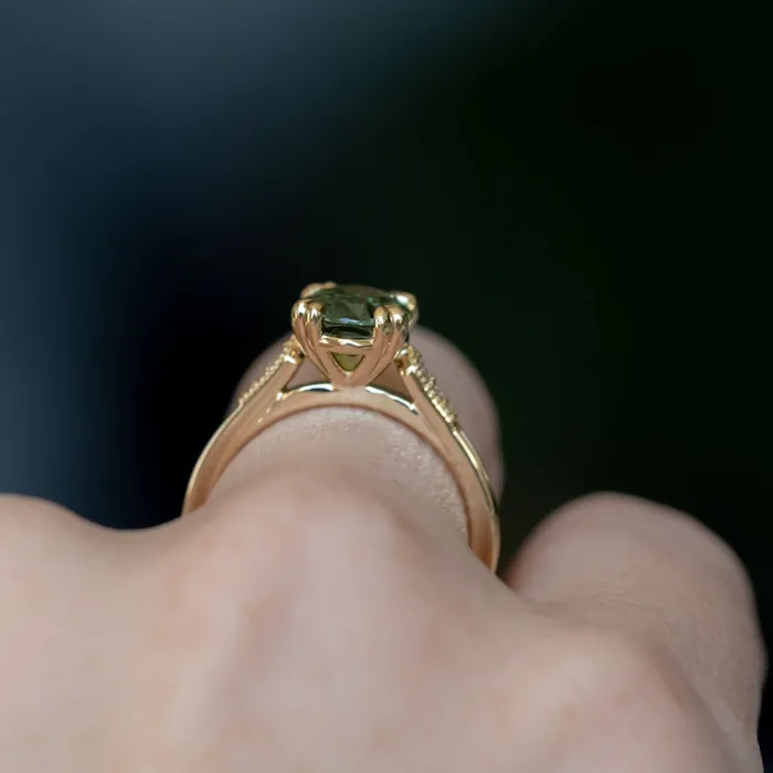 230ct Oval Green Madagascar Sapphire and Diamond Vintage Cathedral Four Prong Ring in 14k Yellow Gold Anueva Jewelry Rings
