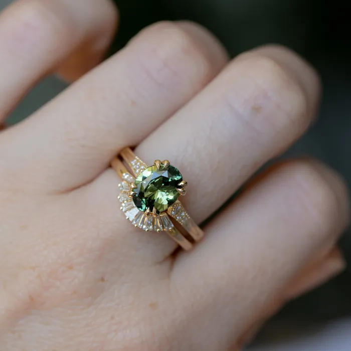 230ct Oval Green Madagascar Sapphire and Diamond Vintage Cathedral Four Prong Ring in 14k Yellow Gold Anueva Jewelry Rings