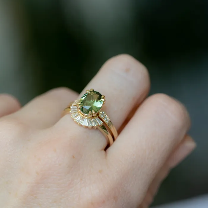 230ct Oval Green Madagascar Sapphire and Diamond Vintage Cathedral Four Prong Ring in 14k Yellow Gold Anueva Jewelry Rings