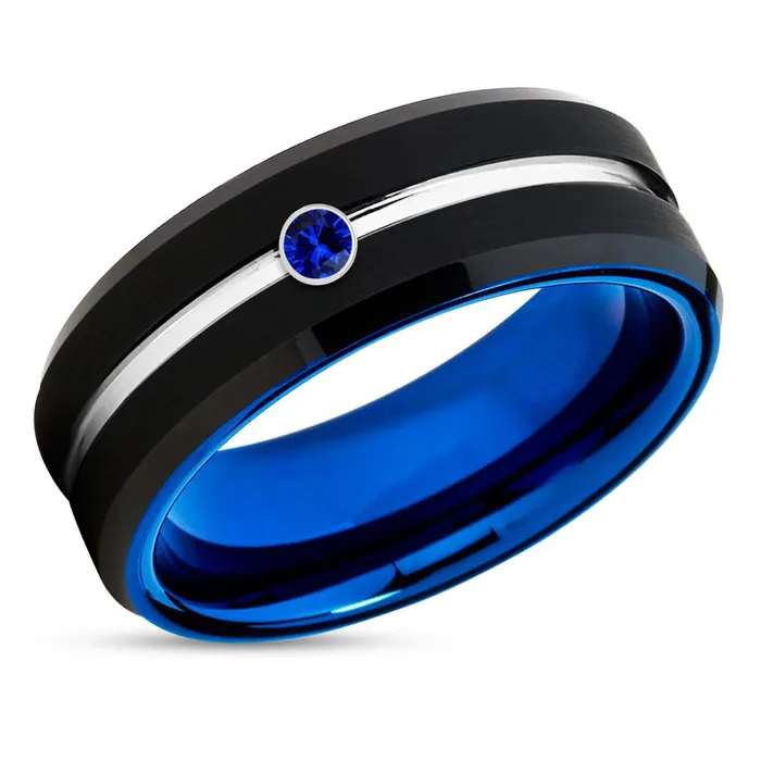 Blue Sapphire Wedding Band Black Tungsten Ring Black Wedding Ring Blue Tungsten Clean Casting Jewelry Rings