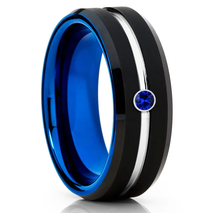 Blue Sapphire Wedding Band Black Tungsten Ring Black Wedding Ring Blue Tungsten Clean Casting Jewelry Rings