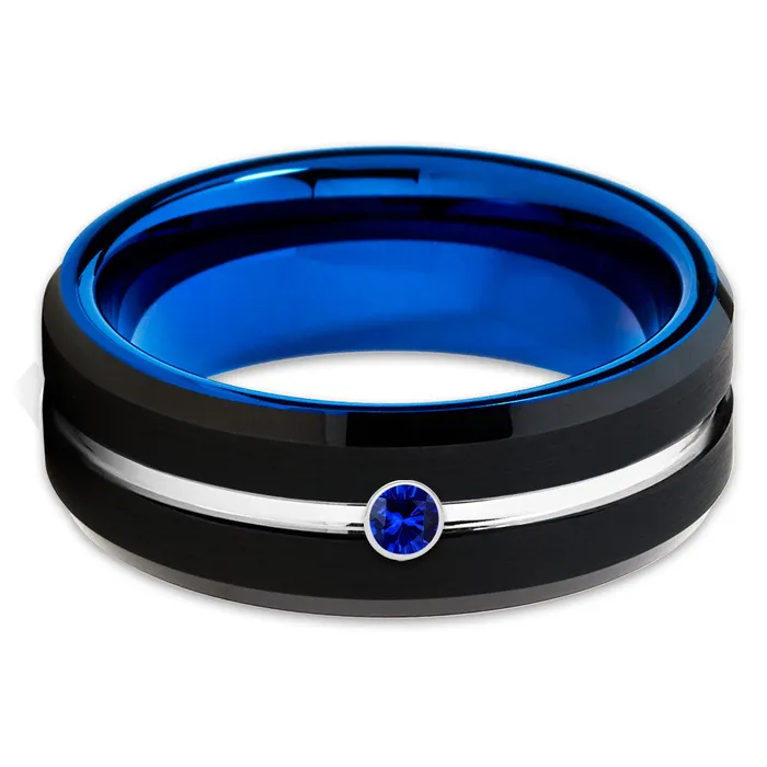 Blue Sapphire Wedding Band Black Tungsten Ring Black Wedding Ring Blue Tungsten Clean Casting Jewelry Rings
