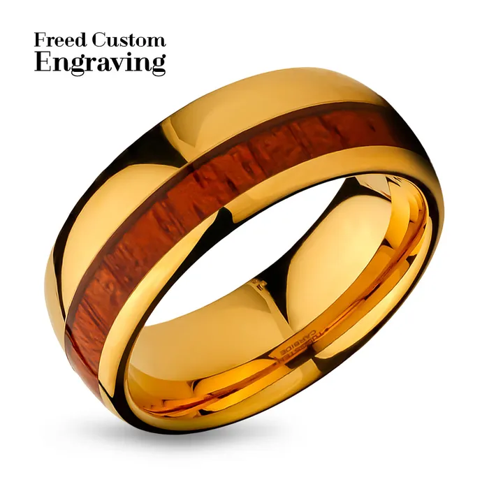 Clean Casting Jewelry Rings Yellow Gold Wedding Ring Koa Wood Wedding Band Tungsten Wedding Ring Shiny Ring Dome Ring