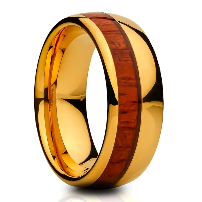 Clean Casting Jewelry Rings Yellow Gold Wedding Ring Koa Wood Wedding Band Tungsten Wedding Ring Shiny Ring Dome Ring