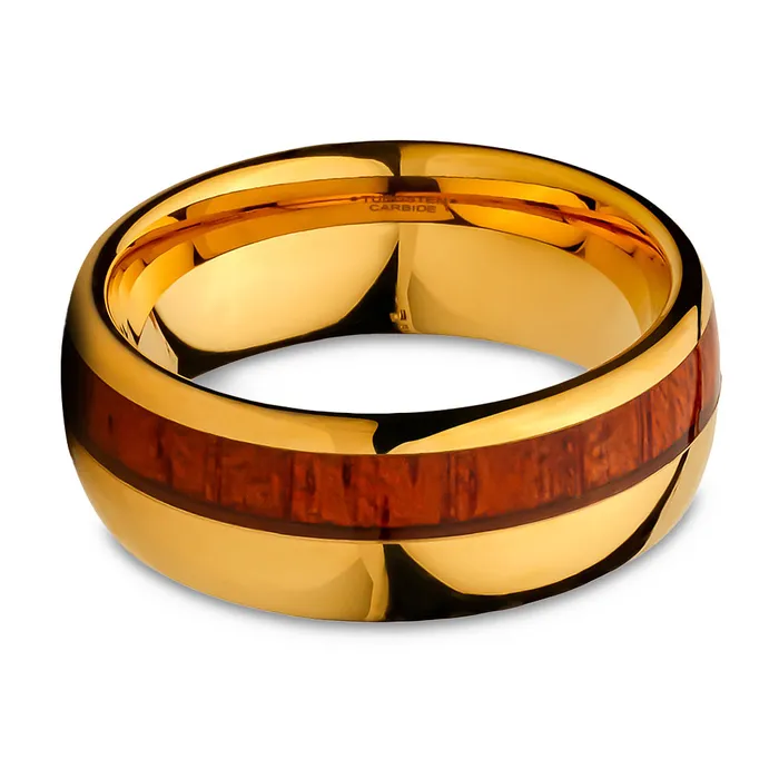 Clean Casting Jewelry Rings Yellow Gold Wedding Ring Koa Wood Wedding Band Tungsten Wedding Ring Shiny Ring Dome Ring