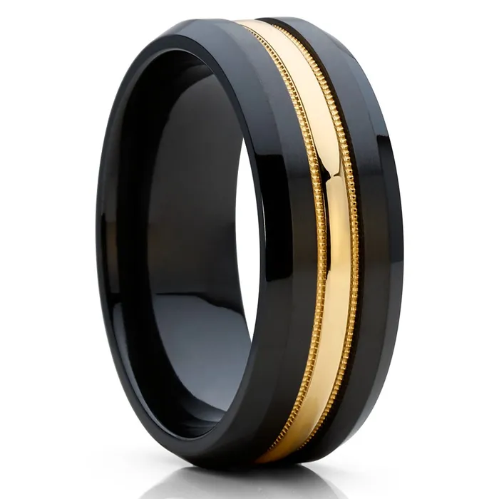 Rings Black Zirconium Ring 14k Yellow Gold Ring Black Wedding Ring Zirconium Wedding Ring Clean Casting Jewelry