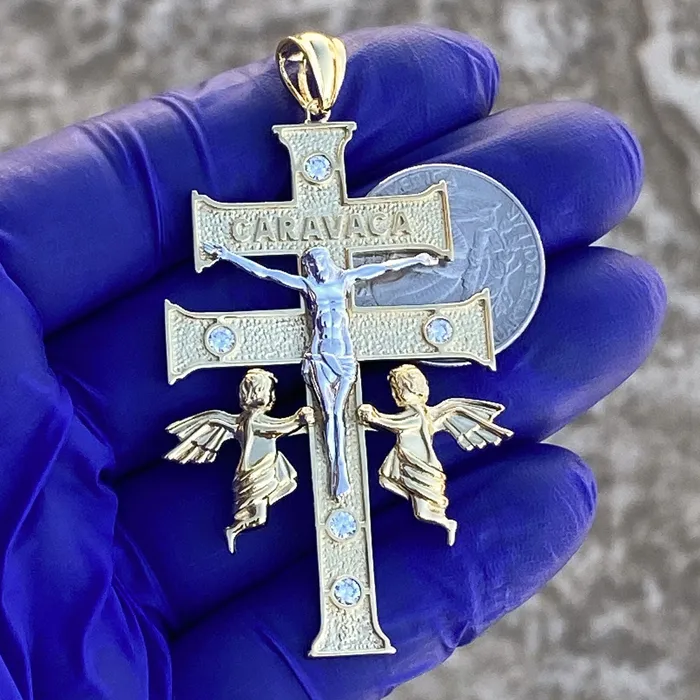 14K Gold Plated Over 925 Sterling Silver La Cruz De Caravaca Cross Pendant Large 25 Bling Cartel Necklaces