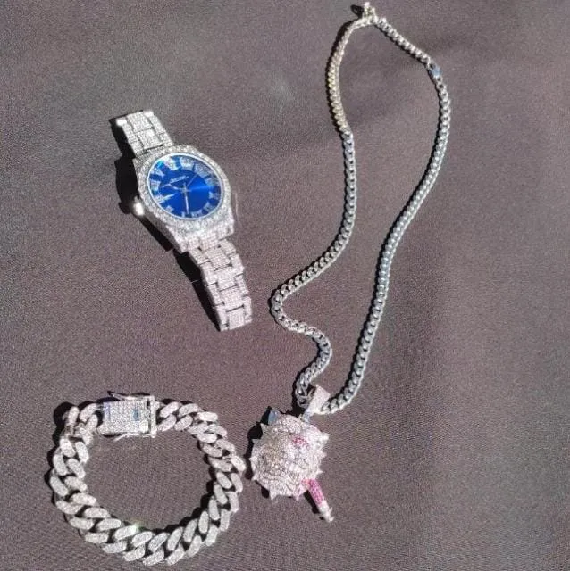 Bracelets Fully Iced Bully Cuban Chain and Watch FREE Cuban Bracelet VVS Jewelry