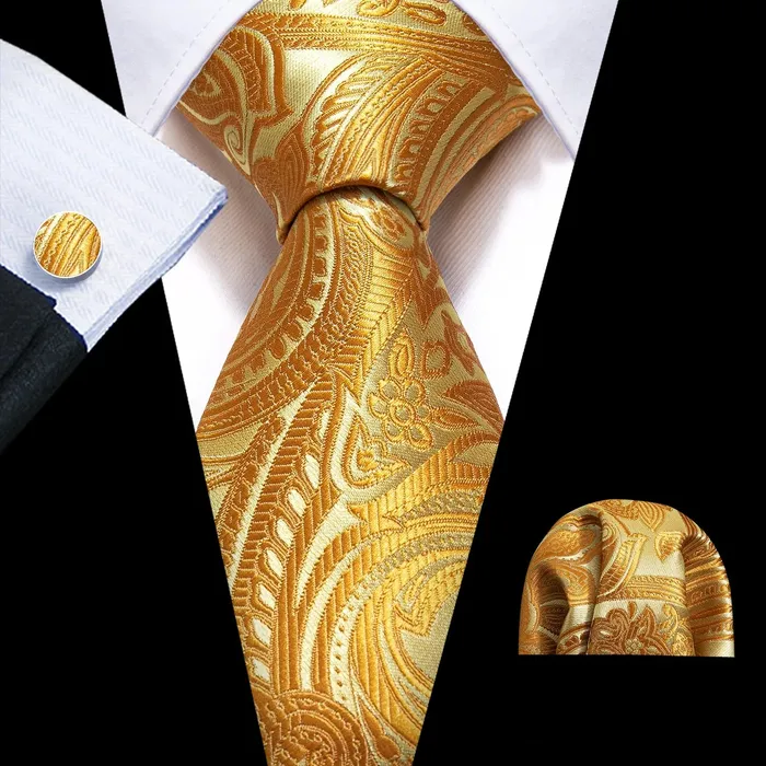 BWG VIP Design Collection Mens Fashion Bright Golden Yellow Jacquard 100 Premium High Quality Silk Ties Divine Inspiration Styles Rings