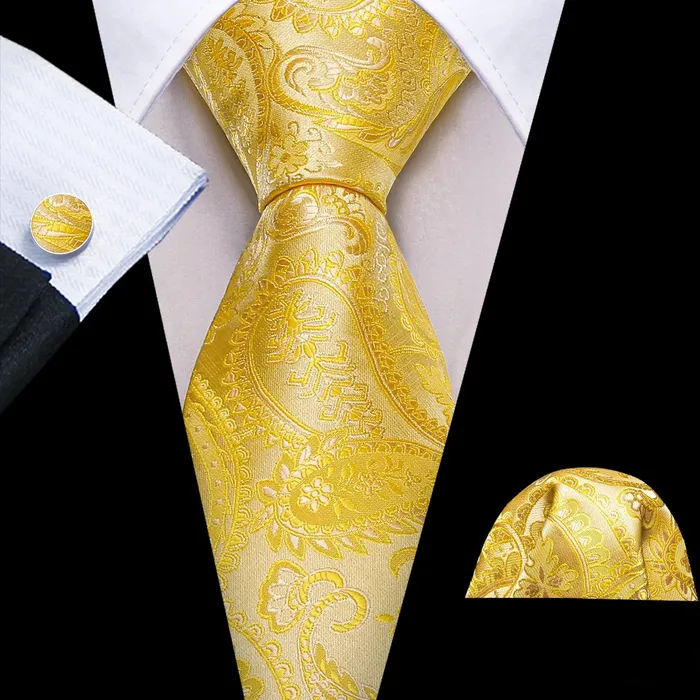 BWG VIP Design Collection Mens Fashion Bright Golden Yellow Jacquard 100 Premium High Quality Silk Ties Divine Inspiration Styles Rings