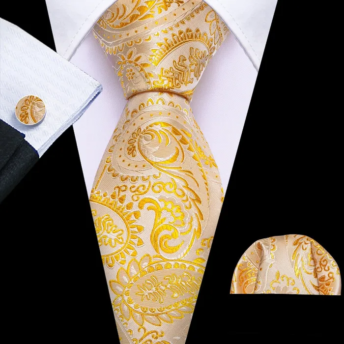 BWG VIP Design Collection Mens Fashion Bright Golden Yellow Jacquard 100 Premium High Quality Silk Ties Divine Inspiration Styles Rings