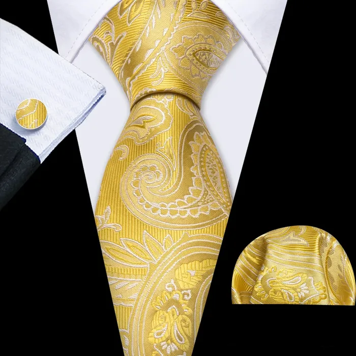 BWG VIP Design Collection Mens Fashion Bright Golden Yellow Jacquard 100 Premium High Quality Silk Ties Divine Inspiration Styles Rings