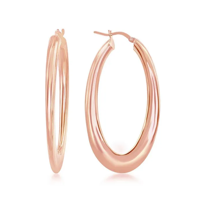 Classic Earrings Sterling Silver Rose Gold Plated Bottom Flat Oval Hoop Earrings