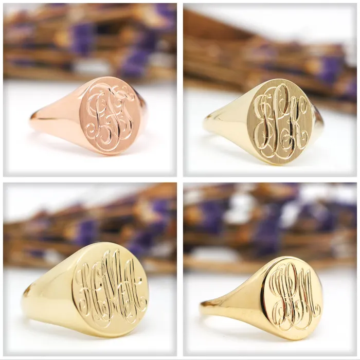 deBebians Rings Womens Oval Signet Ring Large Hand Engraved Script Monogram