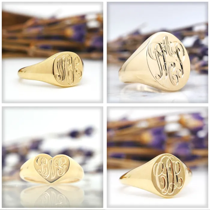 deBebians Rings Womens Oval Signet Ring Large Hand Engraved Script Monogram