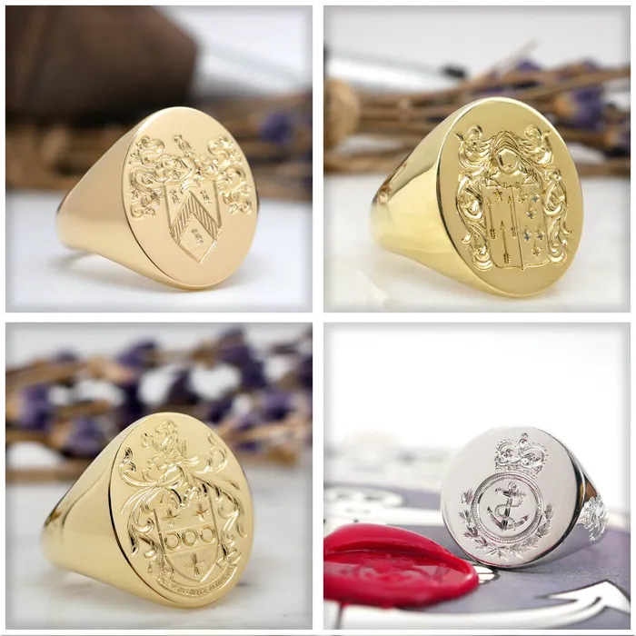 deBebians Rings Womens Square Signet Ring Extra Large Hand Engraved Family Crest Logo
