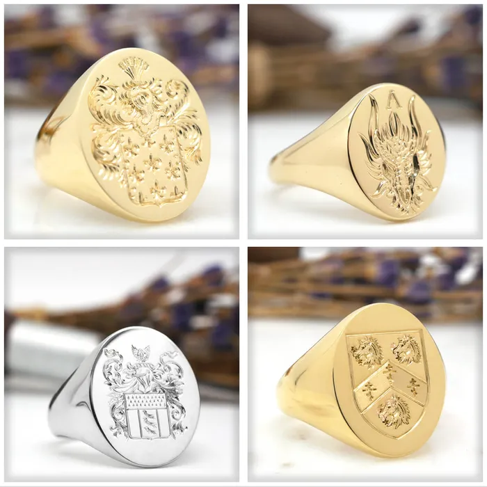 deBebians Rings Womens Square Signet Ring Extra Large Hand Engraved Family Crest Logo