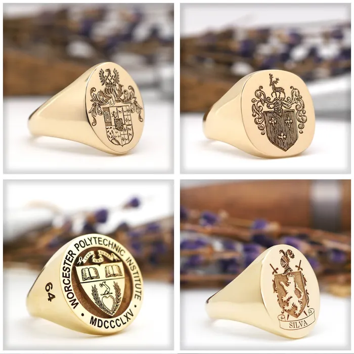 deBebians Womens Square Signet Ring Medium Laser Engraved Family Crest Logo Rings