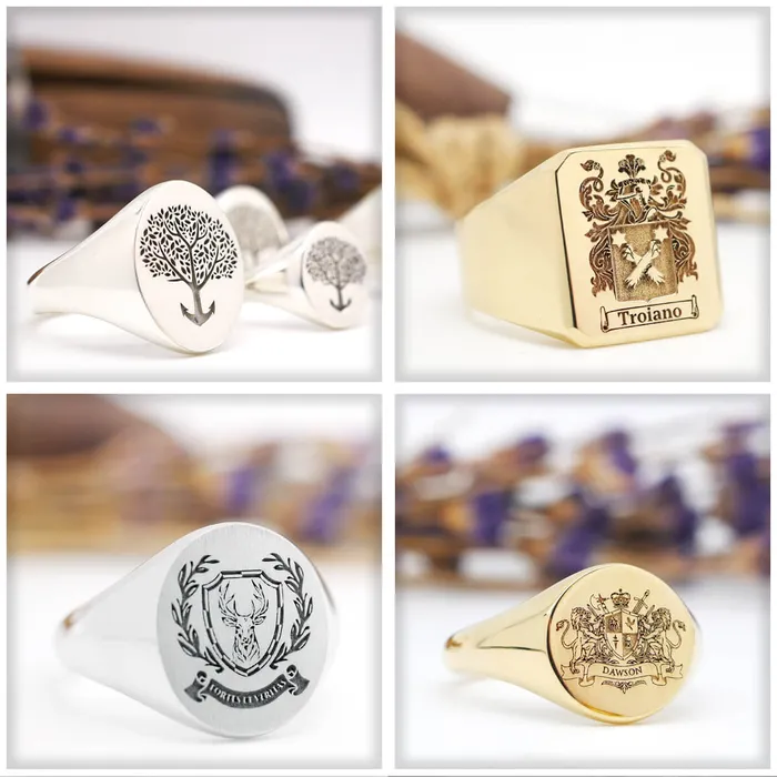 deBebians Womens Square Signet Ring Medium Laser Engraved Family Crest Logo Rings