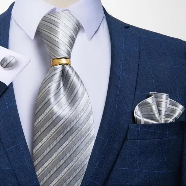 Divine Inspiration Styles Rings DBG VIP Design Collection Mens Fashion Silver Gray Stripes 100 Premium Quality Silk Tie Set