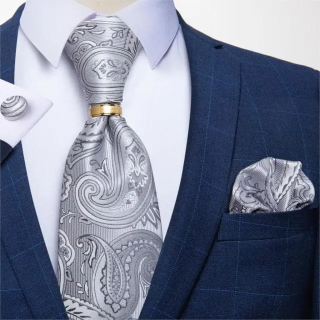 Divine Inspiration Styles Rings DBG VIP Design Collection Mens Fashion Silver Gray Stripes 100 Premium Quality Silk Tie Set