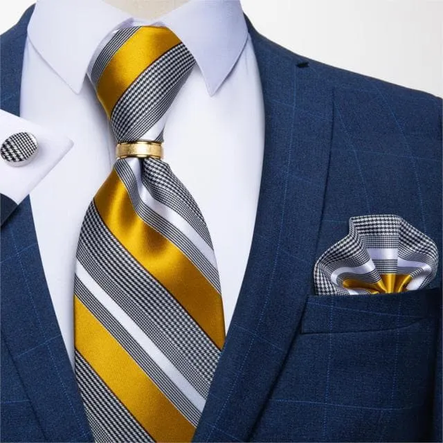 Divine Inspiration Styles Rings DBG VIP Design Collection Mens Fashion Silver Gray Stripes 100 Premium Quality Silk Tie Set