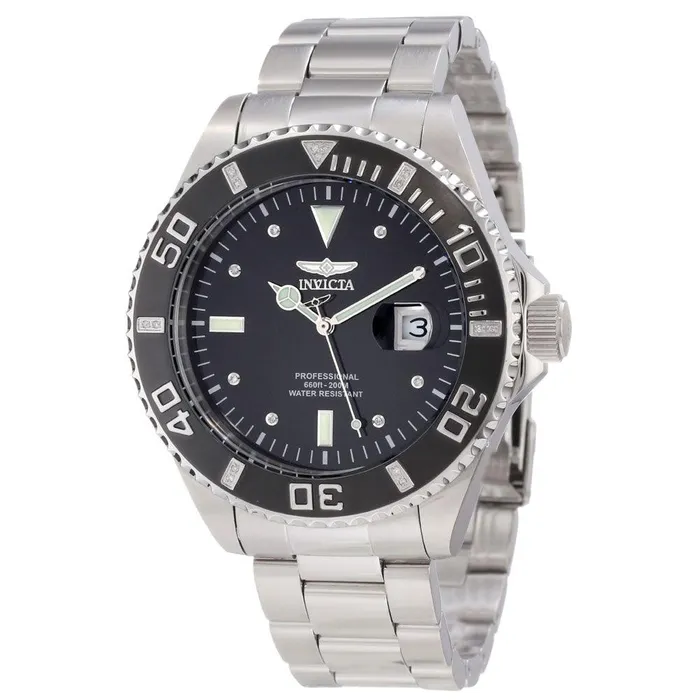 Invicta 12817 Mens Pro Diver Black Dial Steel Bracelet Diamond Accented Dive Watch Invicta Bracelets