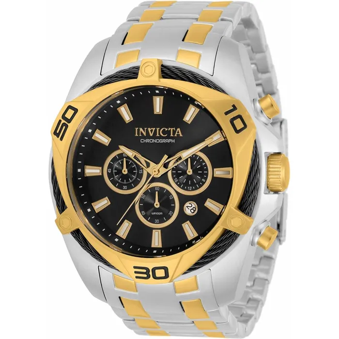 Invicta Bracelets Invicta Mens Chronograph Watch Bolt Black and Gold Tone Two Tone Bracelet 34124