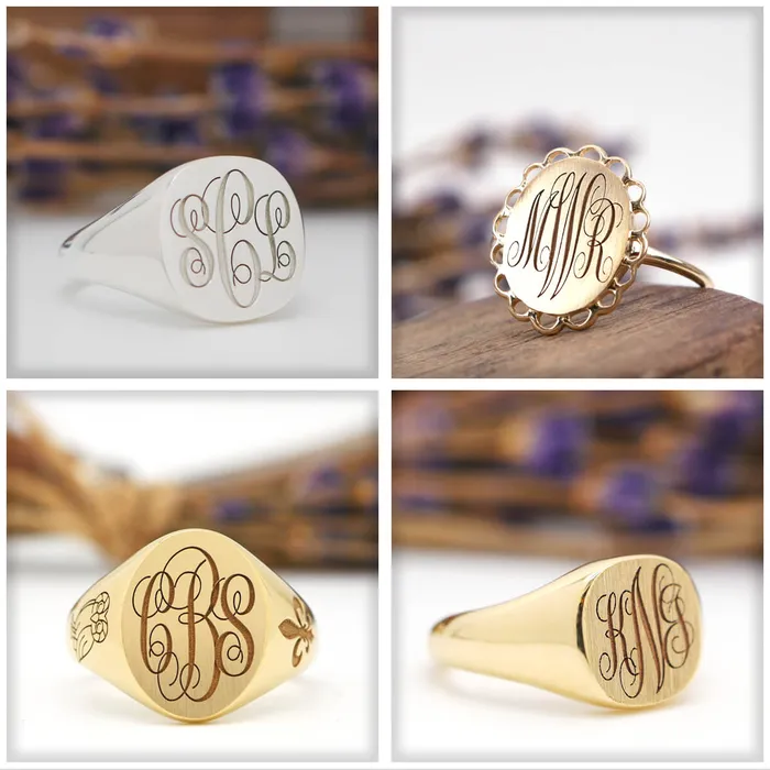 Mens Oval Signet Ring Extra Large Laser Engraved Script Monogram deBebians Rings