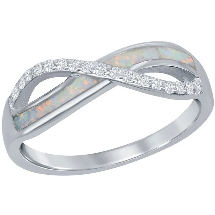 Rings Classic Sterling Silver CZ and White Inlay Opal Infinity Ring