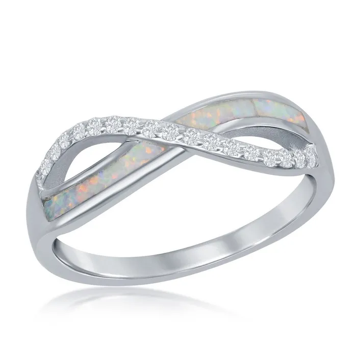 Rings Classic Sterling Silver CZ and White Inlay Opal Infinity Ring