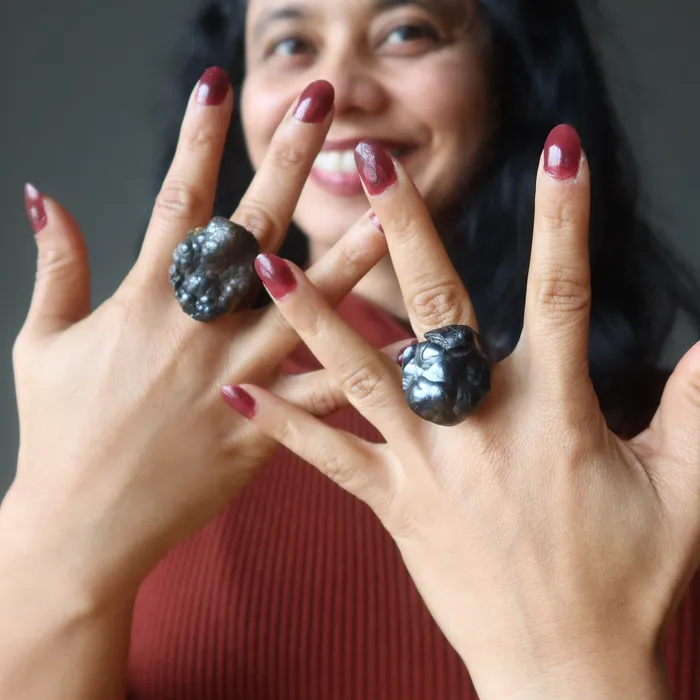 Satin Crystals Rings Hematite Ring Grounded Cluster Adjustable